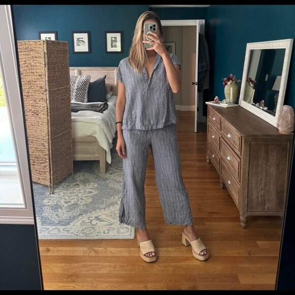 Nic+Zoe Linen Matching Set Top & Pants Grey/Blue Striped - Picture 1 of 5